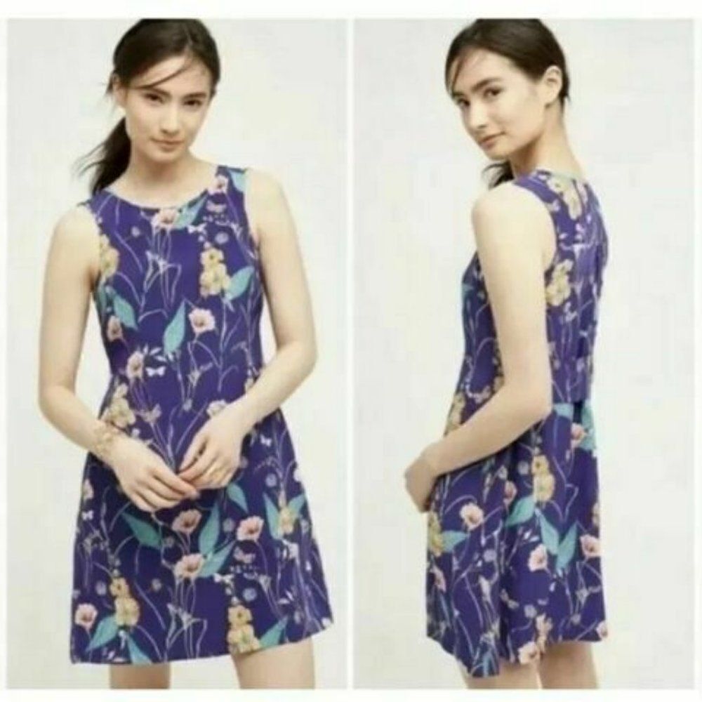 Anthropologie HD In Paris Purple Floral‎ Hidden Isle Silk Dress Size 6